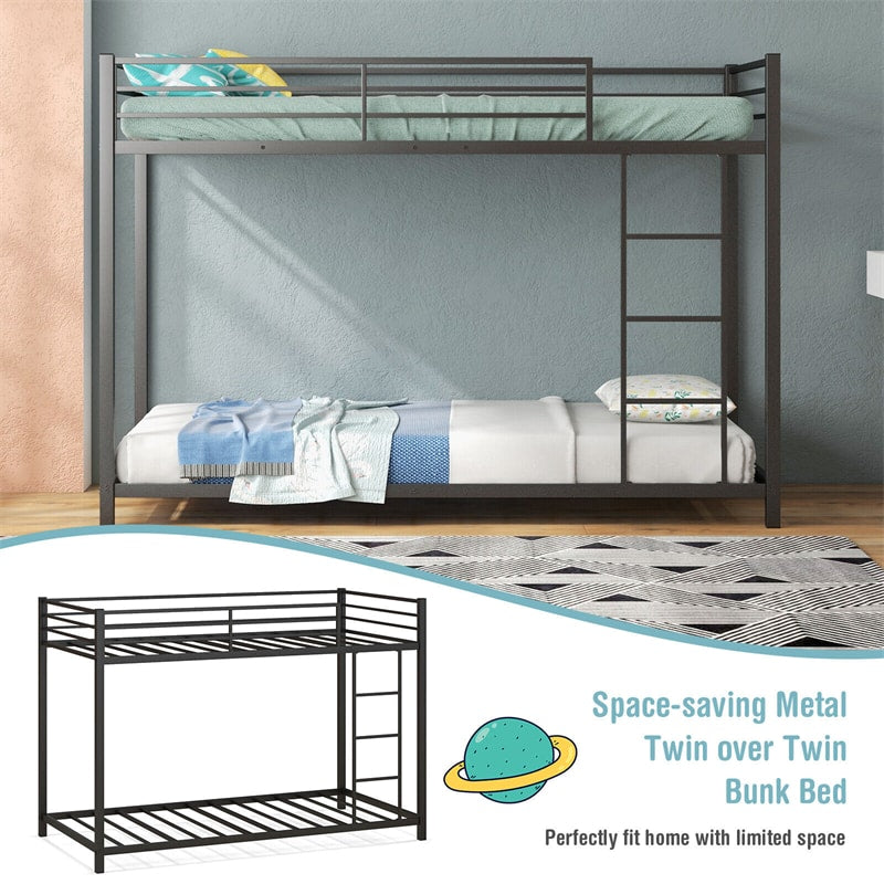 Metal Bunk Bed Twin Over Twin Heavy Duty Low Profile Bunk Bed Frame Space-Saving Design with Full Length Safety Guardrail & Side Ladder for Kids Teens Adults