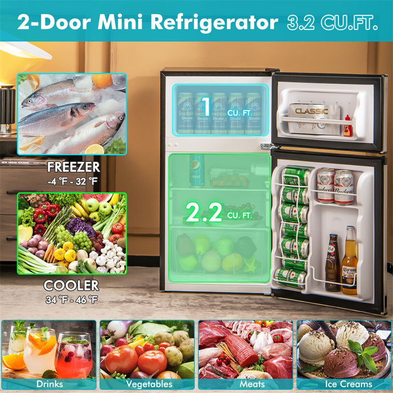 Mini Refrigerator 3.2 Cu.Ft. Compact Fridge with Freezer Compartment & Reversible 2 Door for Bedroom Dorm Apartment Office