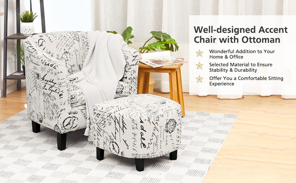 Modern Accent Chair Letter Print French Upholstered Barrel Chair with Ottoman & Solid Wood Legs for Living Room