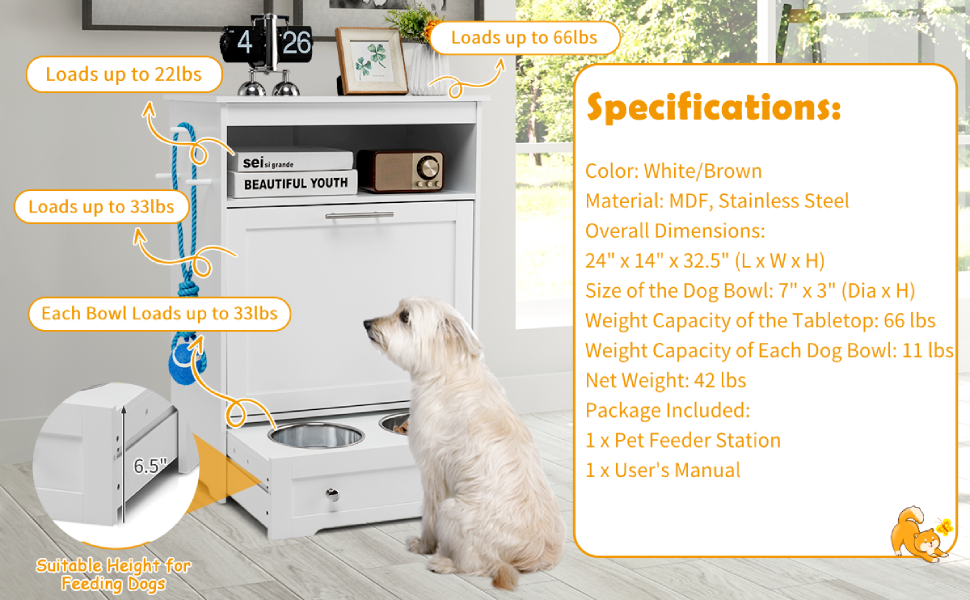 Modern Pet Feeding Station Furniture Dog Food Storage Cabinet with 2 Pull-out Dog Bowls for Watering and feeding Supplies