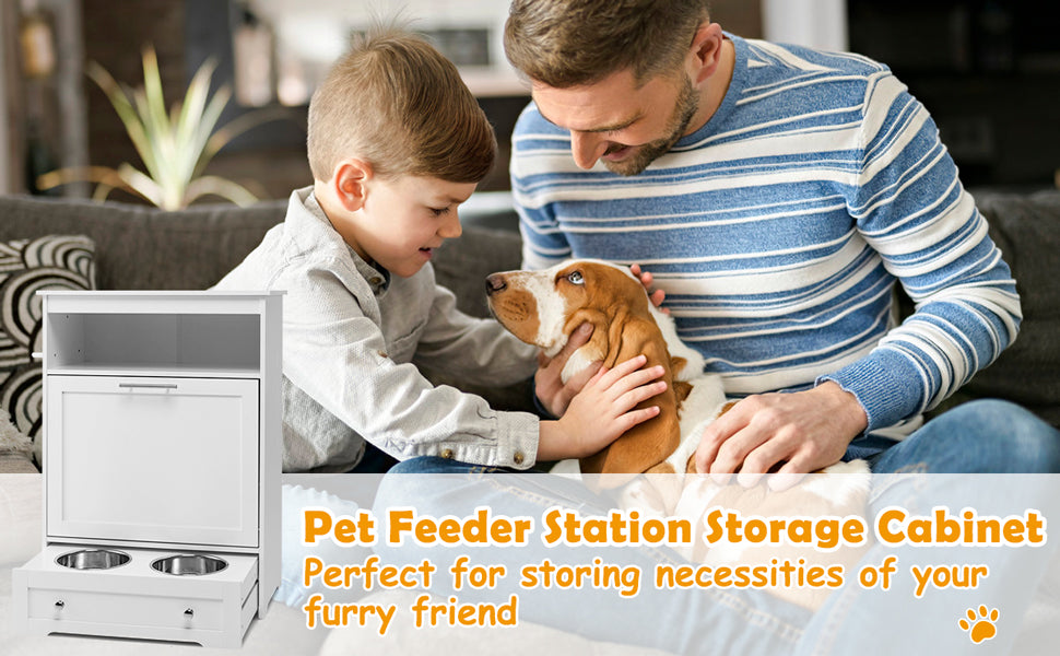 Modern Pet Feeding Station Furniture Dog Food Storage Cabinet with 2 Pull-out Dog Bowls for Watering and feeding Supplies