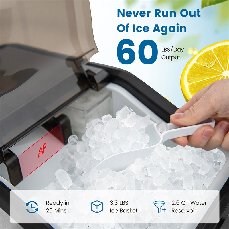Portable Nugget Ice Maker 60 Lbs/24H Countertop Ice Maker Stainless Steel Pebble Ice Machine with Self-Cleaning & 2 Ways Water Refill