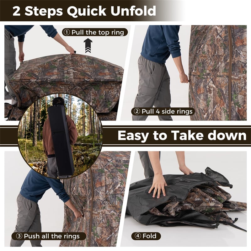 One-Way See-Through Hunting Blind 360 Degree Ground Blind 2-3 Person Camouflage Turkey Hunting Tent with Full-Open Door, Carrying Bag