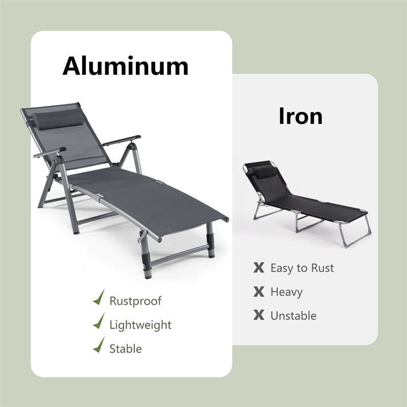 Outdoor Aluminum Chaise Lounge Chair Patio Folding Reclining Chair with 8-Backrest 2-Leg Adjustable Positions