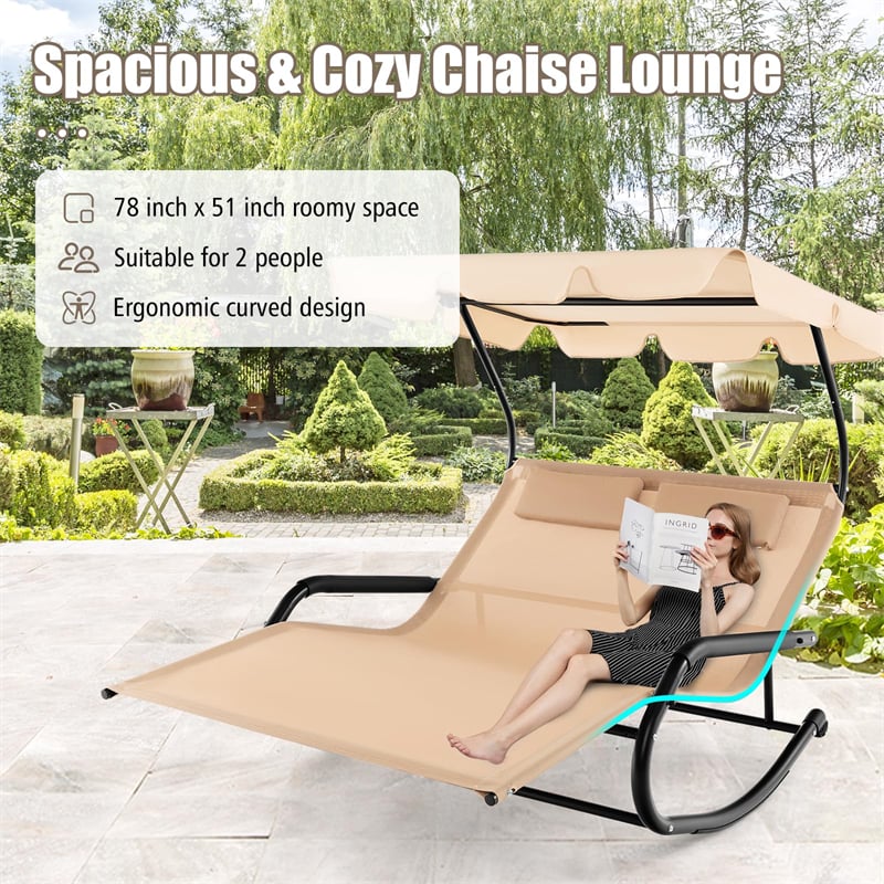 Outdoor Double Chaise Lounge Rocker Metal Frame 2 Person Rocking Lounge Chair with Adjustable Canopy, 2 Detachable Pillows & Wheels