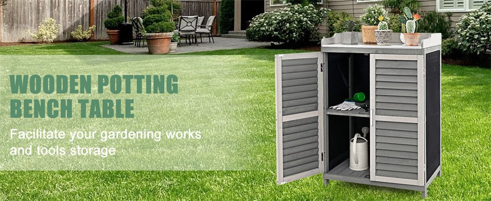 Outdoor Potting Bench Table Garden Storage Cabinet Solid Wood Potting Workstation with Metal Tabletop & Roll-up Side Door