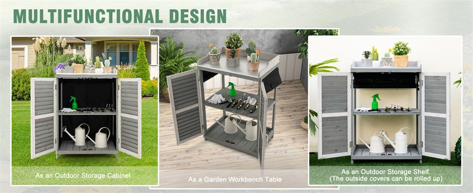 Outdoor Potting Bench Table Garden Storage Cabinet Solid Wood Potting Workstation with Metal Tabletop & Roll-up Side Door