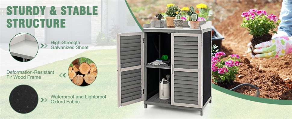 Outdoor Potting Bench Table Garden Storage Cabinet Solid Wood Potting Workstation with Metal Tabletop & Roll-up Side Door