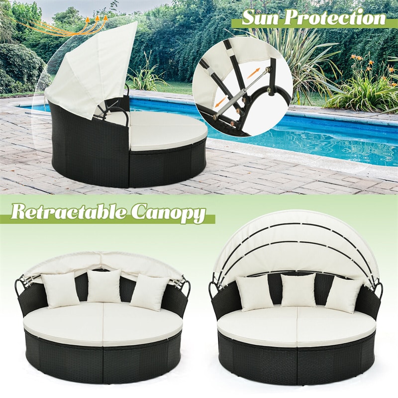 Outdoor Round Daybed Wicker Furniture Clamshell Sectional Seating with Retractable Canopy, Cushions & Pillows for Backyard Porch Poolside