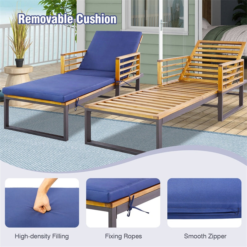 Patio Chaise Lounge Acacia Wood Metal Frame Adjustable Reclining Pool Lounge Chair with Cushion