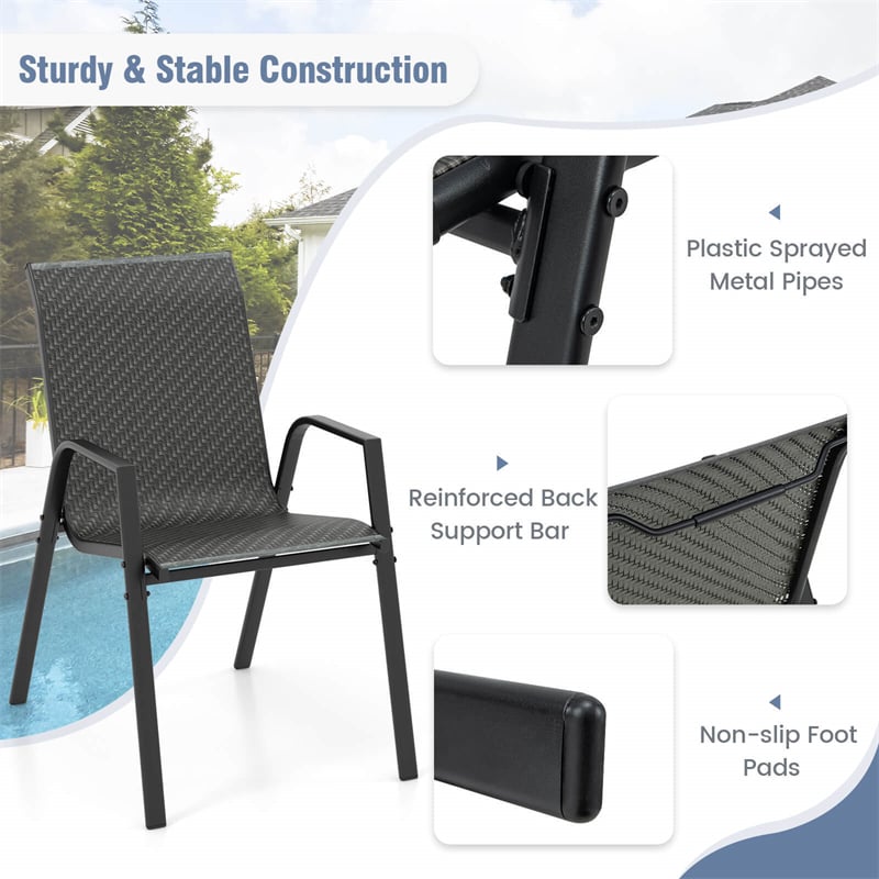 Patio Rattan Chairs Set of 4 Stackable Outdoor Dining Chairs with Wicker Woven Backrest & Seat, Heavy-Duty Metal Frame