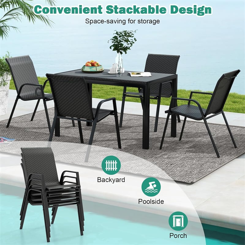 Patio Rattan Chairs Set of 4 Stackable Outdoor Dining Chairs with Wicker Woven Backrest & Seat, Heavy-Duty Metal Frame