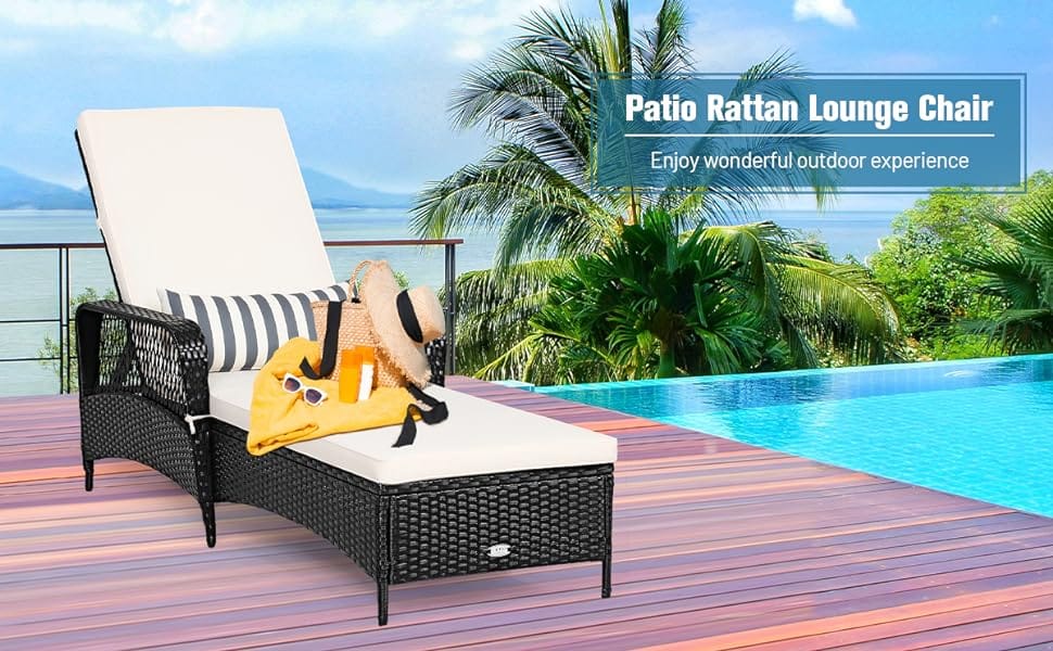 Outdoor Wicker Chaise Lounge Chair Patio Rattan Reclining Chaise with 6-Gear Adjustable Backrest, Padded Cushions & Lumbar Pillow