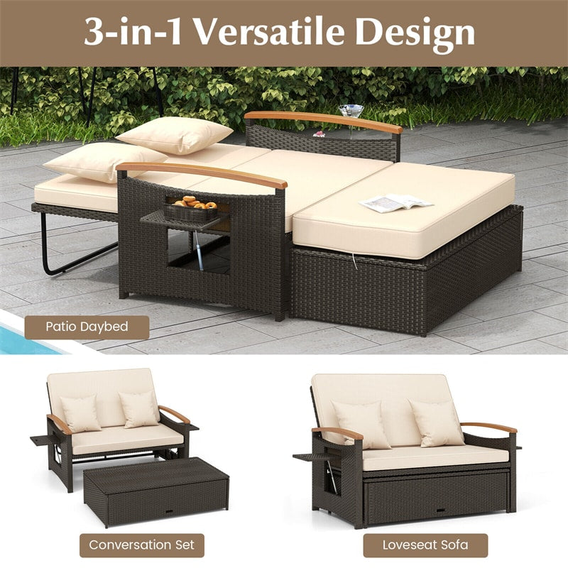 Patio Rattan Daybed Outdoor Double Chaise Lounge Adjustable Backrest with Cushioned Loveseat, Storage Ottoman & Retractable Side Tray
