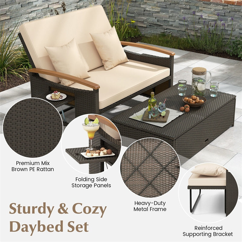 Patio Rattan Daybed Outdoor Double Chaise Lounge Adjustable Backrest with Cushioned Loveseat, Storage Ottoman & Retractable Side Tray