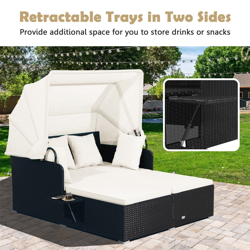 Patio Rattan Daybed Outdoor Wicker Daybed Lounger with Retractable Top Canopy 2 Foldable Side Panels 6 Seat & Back Cushions