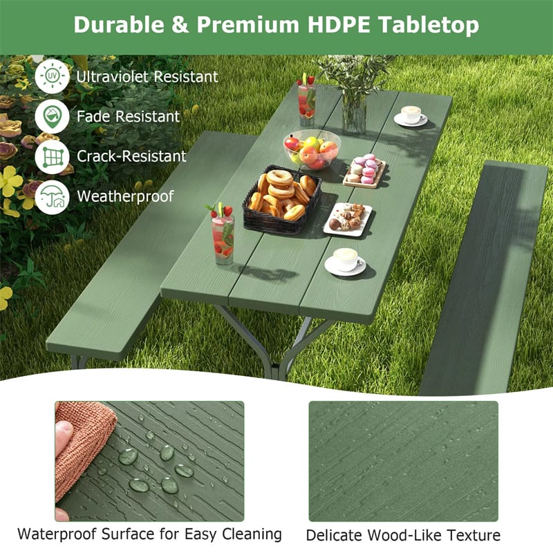 8-Person Picnic Table Bench Set 6FT Large Outdoor Picnic Dining Table & 2 Benches with Umbrella Hole, HDPE Tabletop & Metal Frame