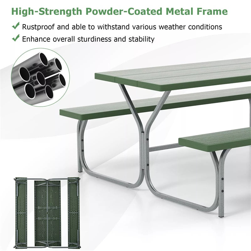 8-Person Picnic Table Bench Set 6FT Large Outdoor Picnic Dining Table & 2 Benches with Umbrella Hole, HDPE Tabletop & Metal Frame