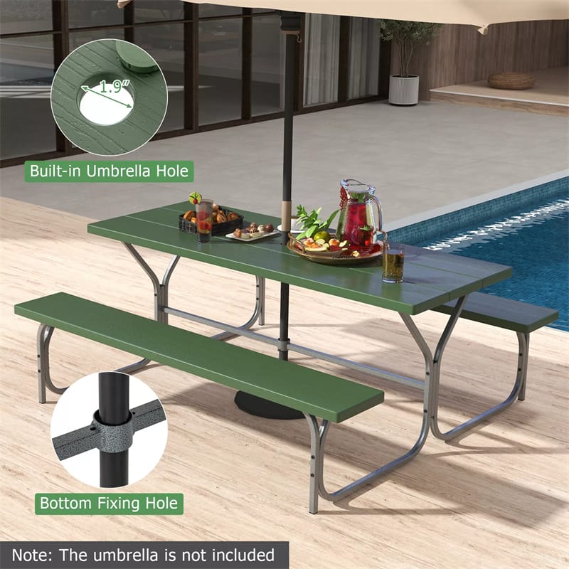 8-Person Picnic Table Bench Set 6FT Large Outdoor Picnic Dining Table & 2 Benches with Umbrella Hole, HDPE Tabletop & Metal Frame