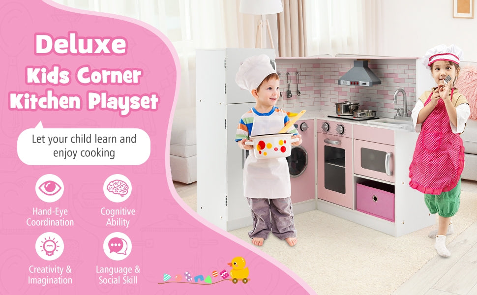 Pink Kids Corner Kitchen Playset Wooden Little Chef Pretend Play Kitchen Toy Set with Washing Machine, Ice Maker & Apron Chef Hat