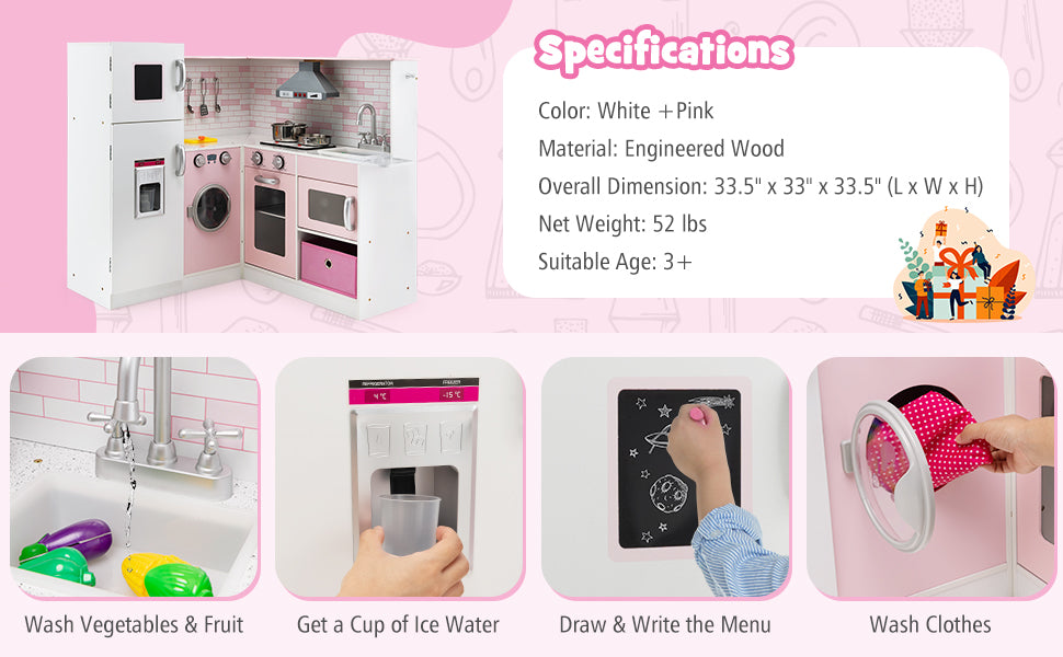 Pink Kids Corner Kitchen Playset Wooden Little Chef Pretend Play Kitchen Toy Set with Washing Machine, Ice Maker & Apron Chef Hat