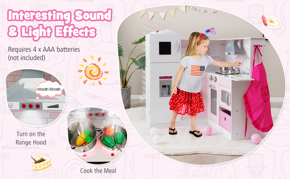 Pink Kids Corner Kitchen Playset Wooden Little Chef Pretend Play Kitchen Toy Set with Washing Machine, Ice Maker & Apron Chef Hat
