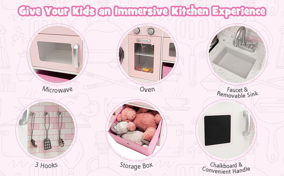 Pink Kids Corner Kitchen Playset Wooden Little Chef Pretend Play Kitchen Toy Set with Washing Machine, Ice Maker & Apron Chef Hat