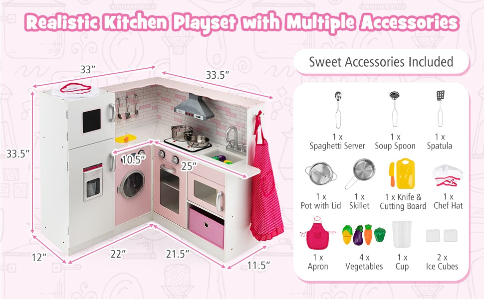 Pink Kids Corner Kitchen Playset Wooden Little Chef Pretend Play Kitchen Toy Set with Washing Machine, Ice Maker & Apron Chef Hat