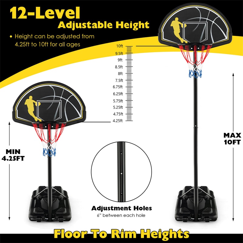 Outdoor Indoor Portable Basketball Hoop System 4.25-10FT Adjustable Basketball Goal with 44’’ Shatterproof Backboard & Fillable Base