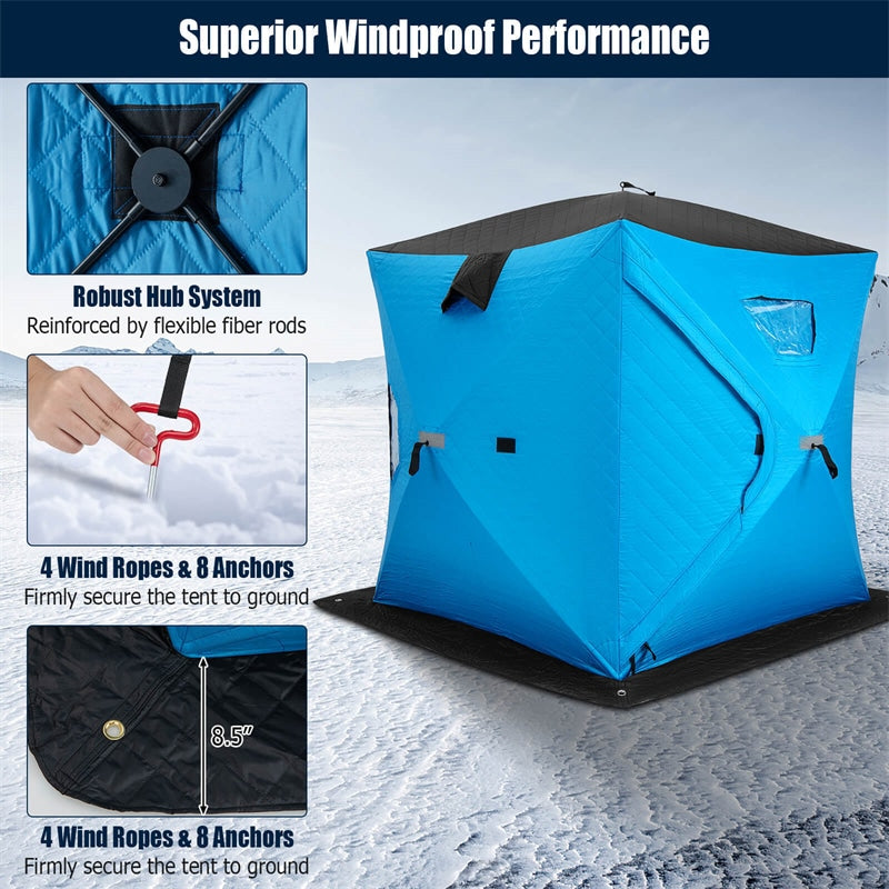 Pop-up Ice Fishing Shelter 2-Person Insulated Ice Fishing Tent Portable Ice Shanty Thermal Ice Shack with Cotton Padded Walls & Carrying Bag