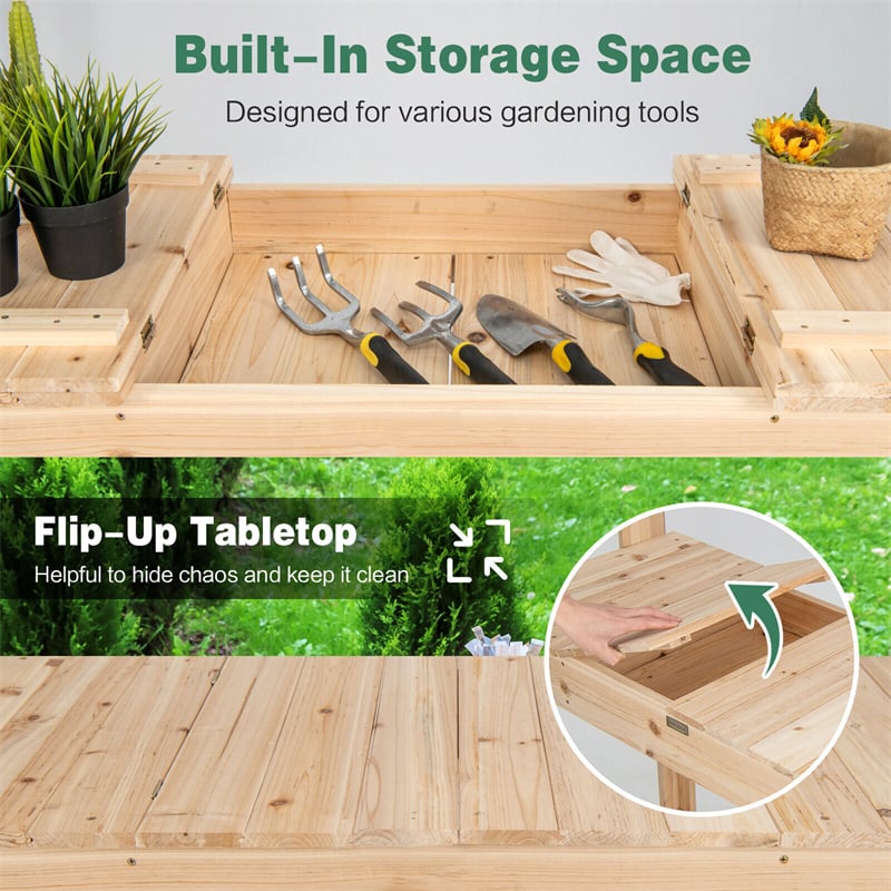 Potting Bench Table 60.5” Solid Wood Garden Workstation Workbench Table with Flip-Up Tabletop, Shelves & & Hanging Hooks