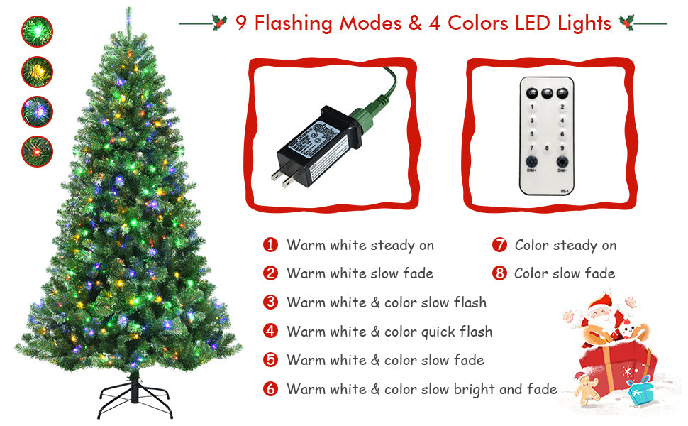 Pre-lit Hinged Artificial Christmas Tree with 9 Lighting Modes Color Changing LED Lights & Remote Control