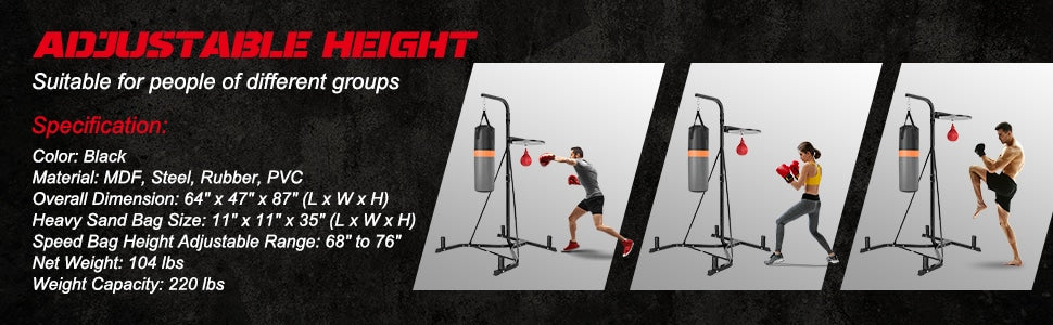 Punching Bag Stand Freestanding Prefilled Heavy Boxing Bag Stand with Height Adjustable Speed Ball & Sandbag for Home Gym Workout