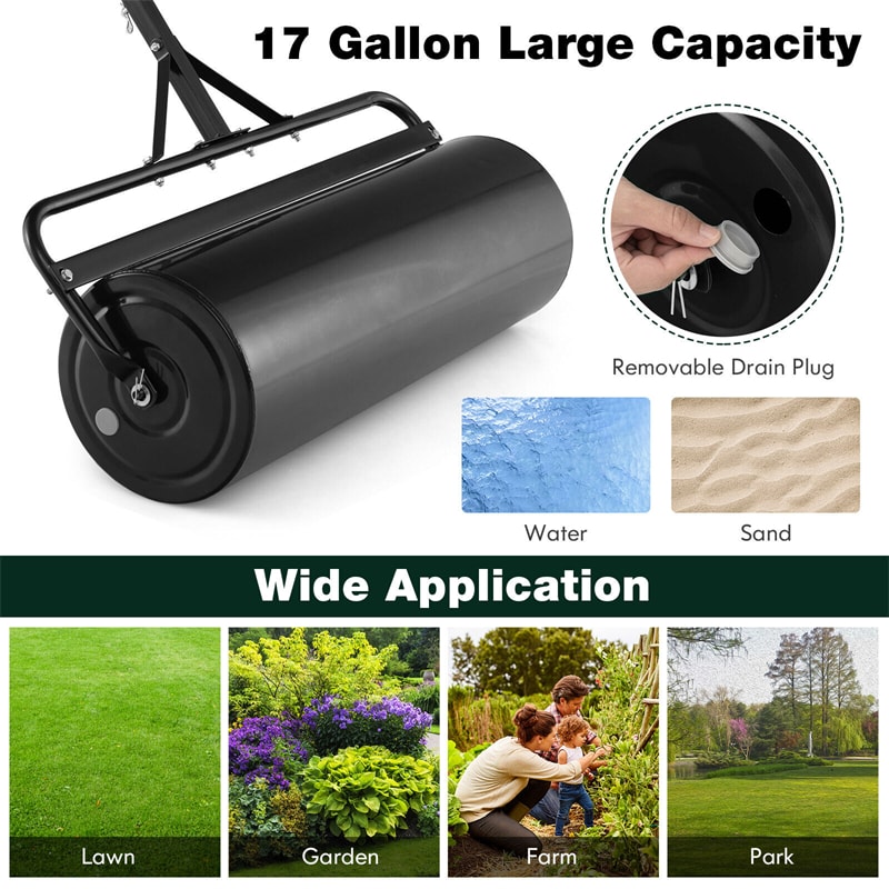 Push/Tow-Behind Lawn Roller with Detachable Handle 17 Gallon Water/Sand-Filled Sod Drum Roller for Garden Yard Park Farm