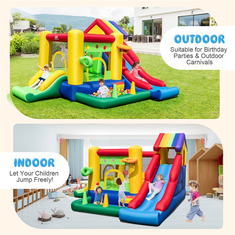 7-in-1 Rainbow Inflatable Bounce Castle Backyard Dual Slide Bounce House with 735W Blower & 50 Ocean Balls for Kids Indoor Outdoor Party Fun