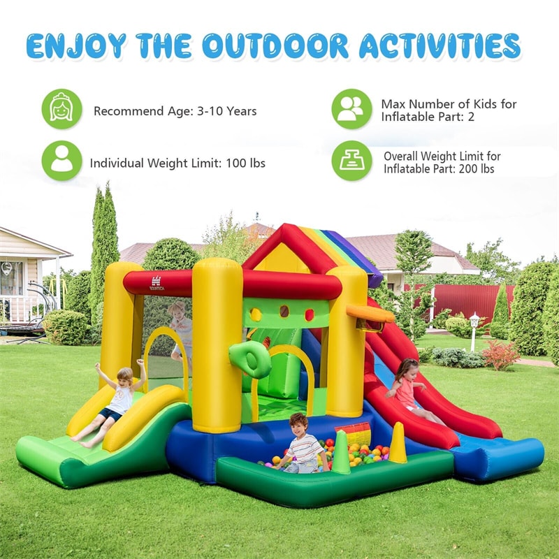 7-in-1 Rainbow Inflatable Bounce Castle Backyard Dual Slide Bounce House with 735W Blower & 50 Ocean Balls for Kids Indoor Outdoor Party Fun