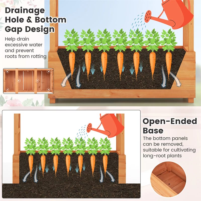 Raised Garden Bed Fir Wood Vertical Planter Box with Trellis & Hanging Roof for Flowers Herbs Climbing Vines