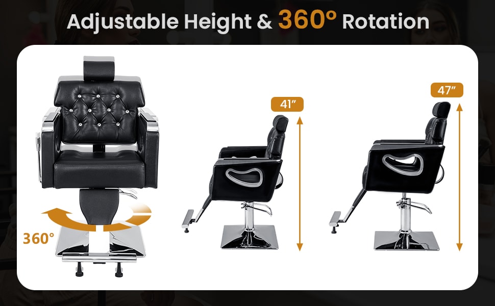 Reclining Salon Chair Heavy Duty Hydraulic Barber Chair Height Adjustable 360° Swivel Luxury Leather Padded Styling Chair with Headrest