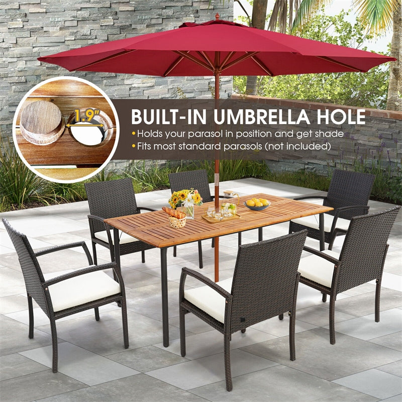 Rectangular Acacia Wood Patio Dining Table Large Outdoor Farm Table with Umbrella Hole & Metal Legs