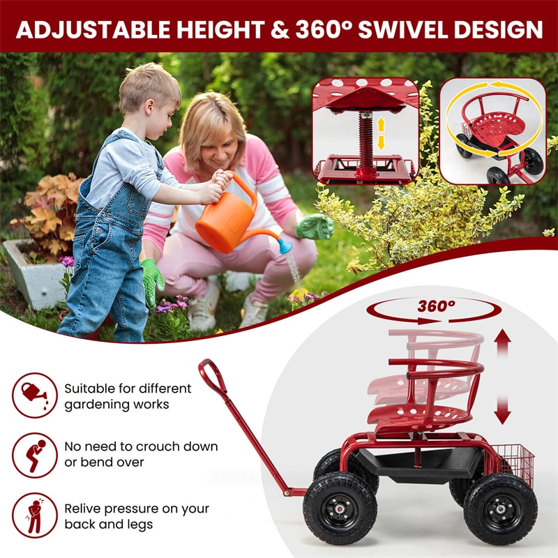 Rolling Garden Cart Height Adjustable Garden Scooter 360 Swivel Workseat with Cushions Tool Tray Storage Basket