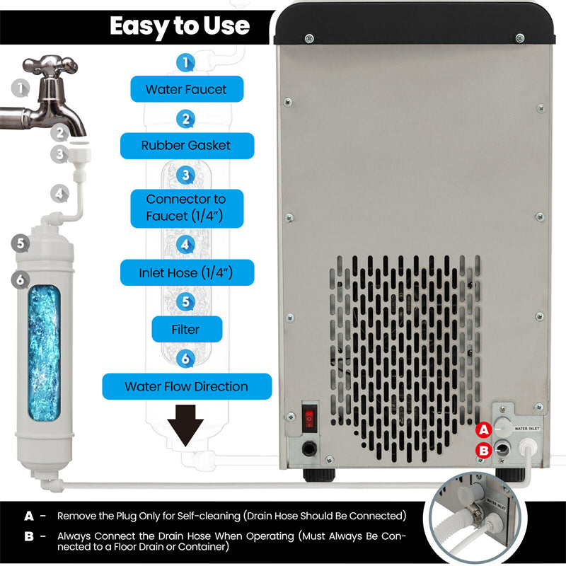 Self Dispensing Countertop Nugget Ice Maker 55 Lbs/24H Portable Stainless Steel Ice Machine with Self-Cleaning Function Filter LED Light