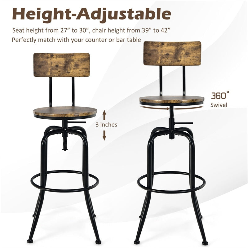 Set of 2 Industrial Bar Stools Adjustable Counter Height Swivel Dining Chairs with Arc-Shaped Backrest