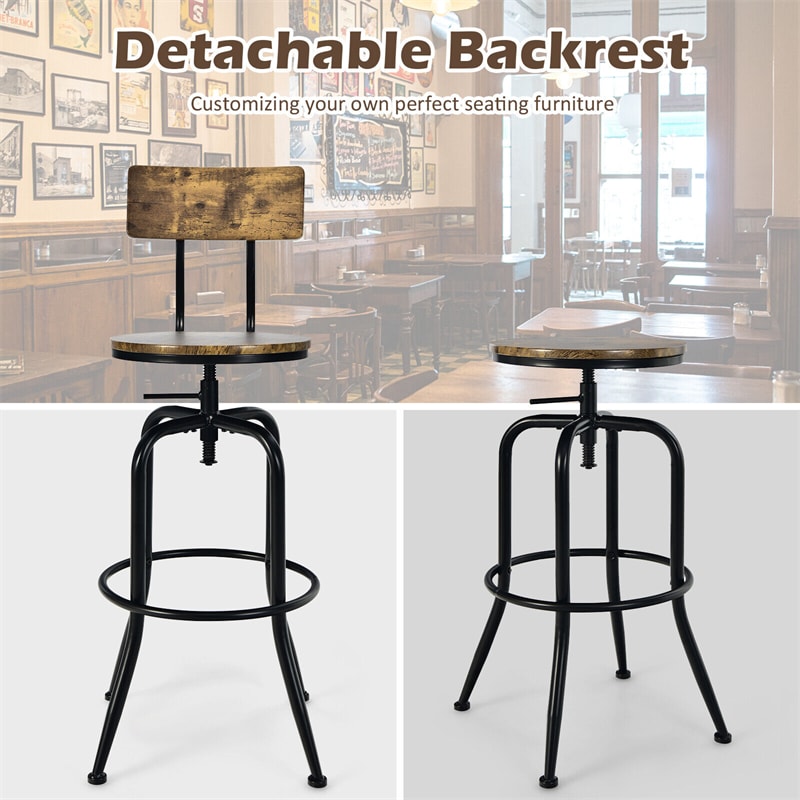 Set of 2 Industrial Bar Stools Adjustable Counter Height Swivel Dining Chairs with Arc-Shaped Backrest