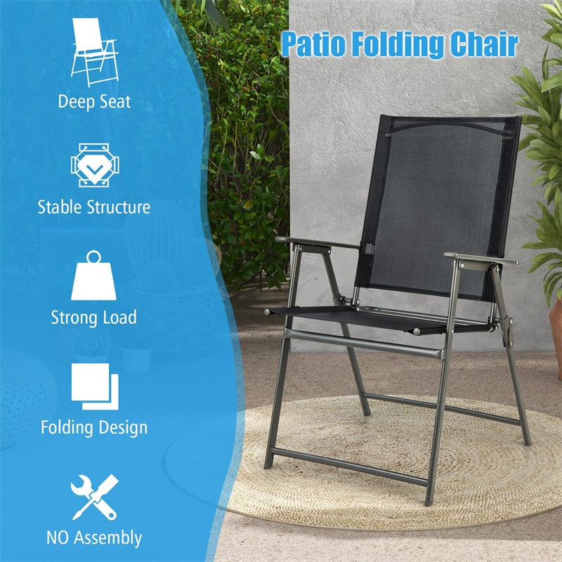 Set of 2 Outdoor Folding Chairs Weather-Resistant High Back Patio Dining Chairs Metal Frame Portable Chair with Armrests & Footrest