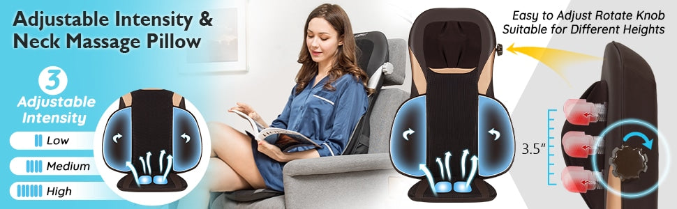 Shiatsu Back MassagerHeight Adjustment Massage Seat Cushion Massage Chair Pad with Heat, Kneading, Rolling & 8 Flexible Nodes