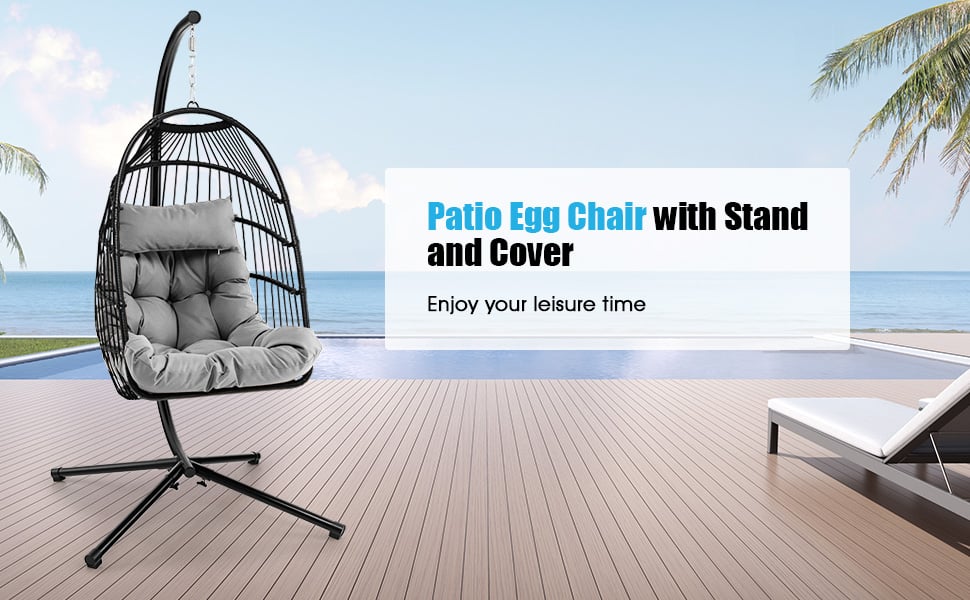 Swing Egg Chair Folding Hanging Basket Chair PE Rattan Hammock Chair with Steel Stand, Waterproof Cover, Removable Pillow & Cushion