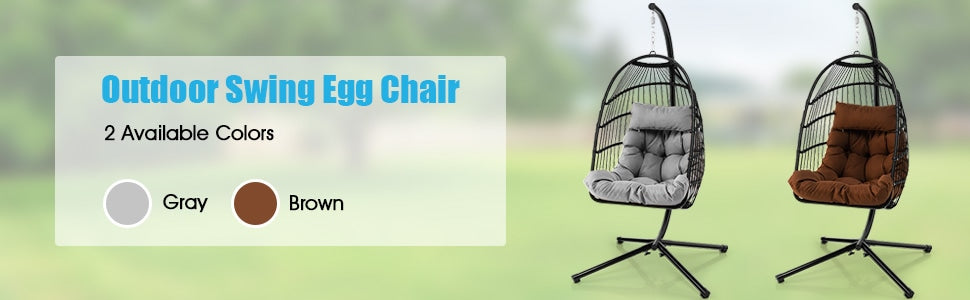 Swing Egg Chair Folding Hanging Basket Chair PE Rattan Hammock Chair with Steel Stand, Waterproof Cover, Removable Pillow & Cushion