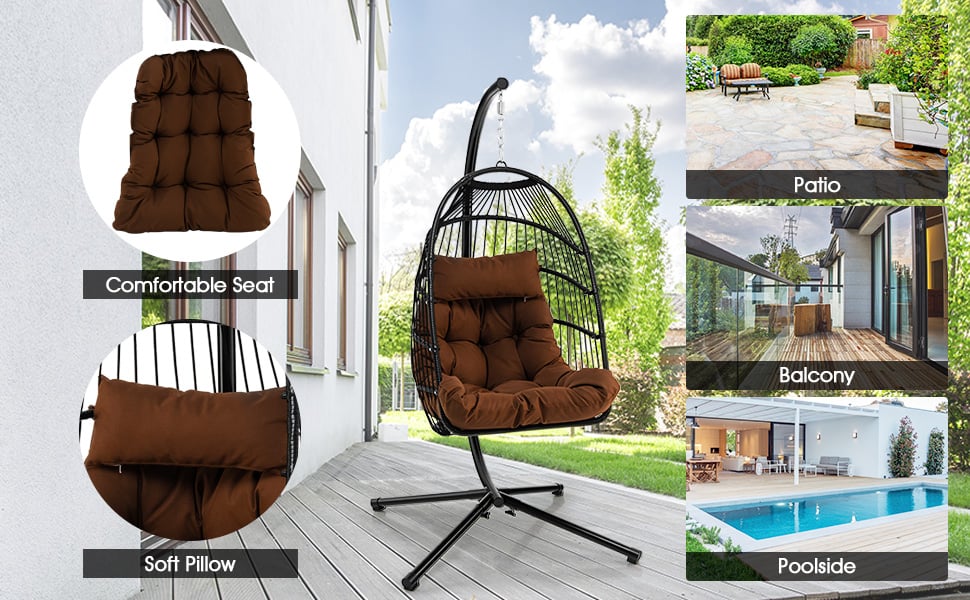 Swing Egg Chair Folding Hanging Basket Chair PE Rattan Hammock Chair with Steel Stand, Waterproof Cover, Removable Pillow & Cushion