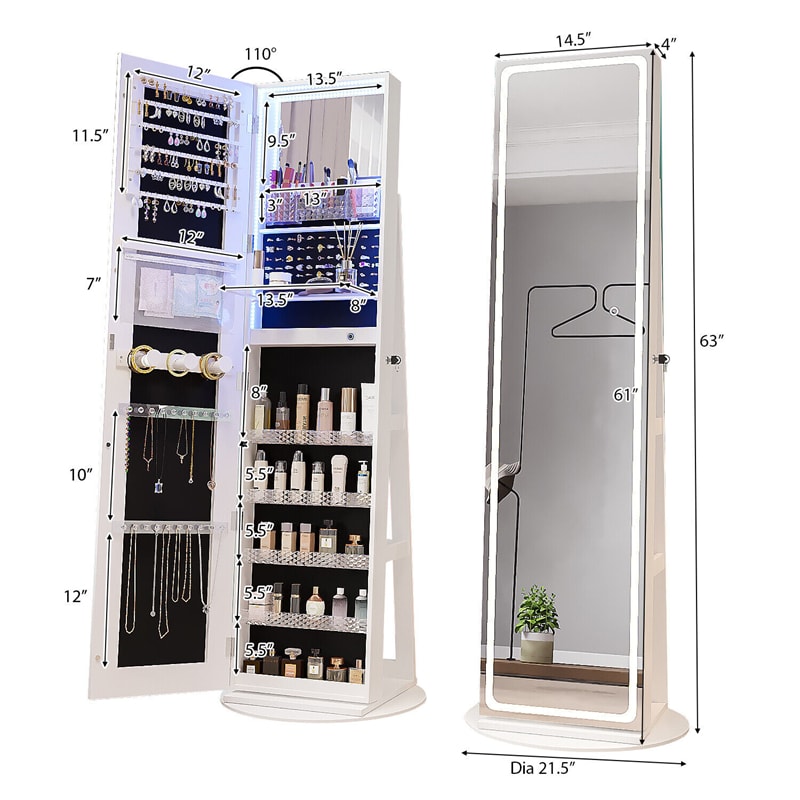 360° Swivel Full Length Mirror Jewelry Armoire 63" H Lockable Standing Jewelry Organizer with 3-Color Lighted Mirror & Rear Storage Shelves