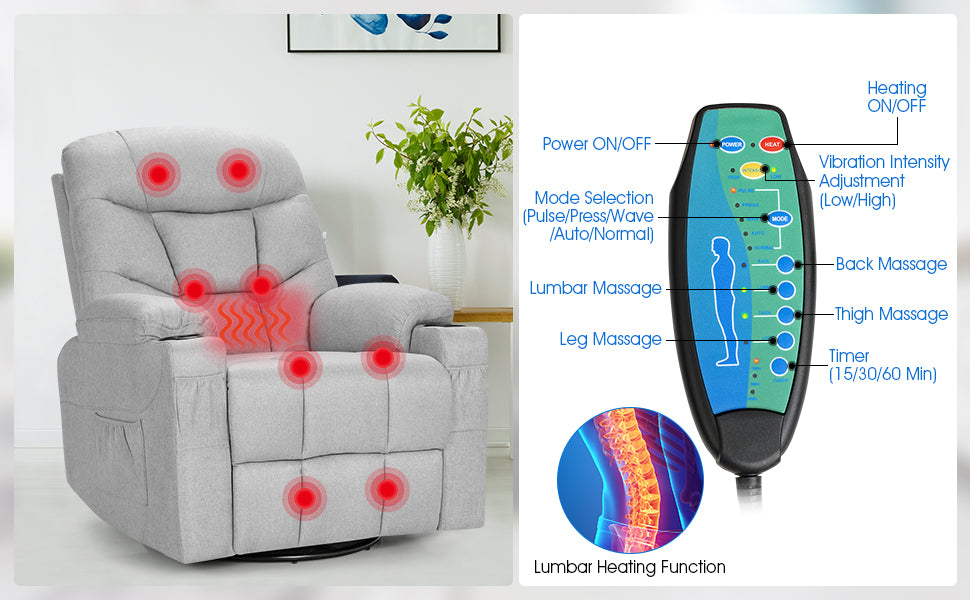 Swivel Massage Rocker Recliner Chair Nursery Glider Fabric Single Sofa with Heating & Remote Control